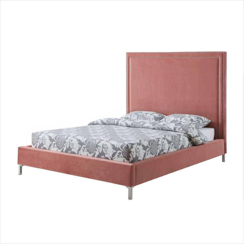 White Solid Wood Twin Upholstered Faux Leather Bed Frame with Nailhead Trim