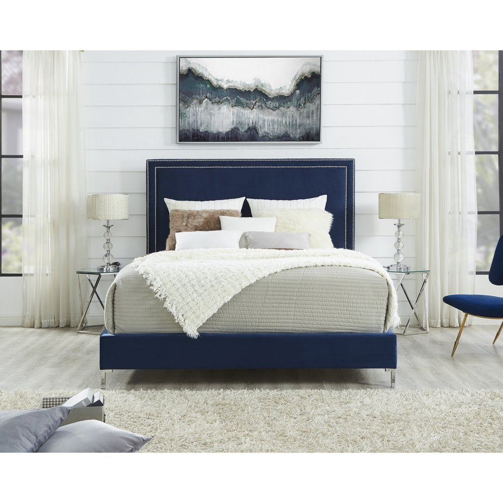 Gray Solid Wood King Upholstered Velvet Bed with Nailhead Trim