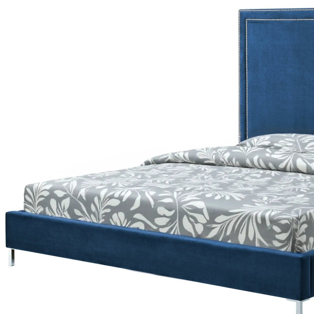 Gray Solid Wood King Upholstered Velvet Bed with Nailhead Trim