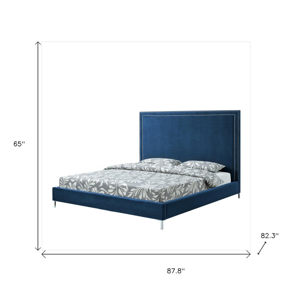 Gray Solid Wood King Upholstered Velvet Bed with Nailhead Trim