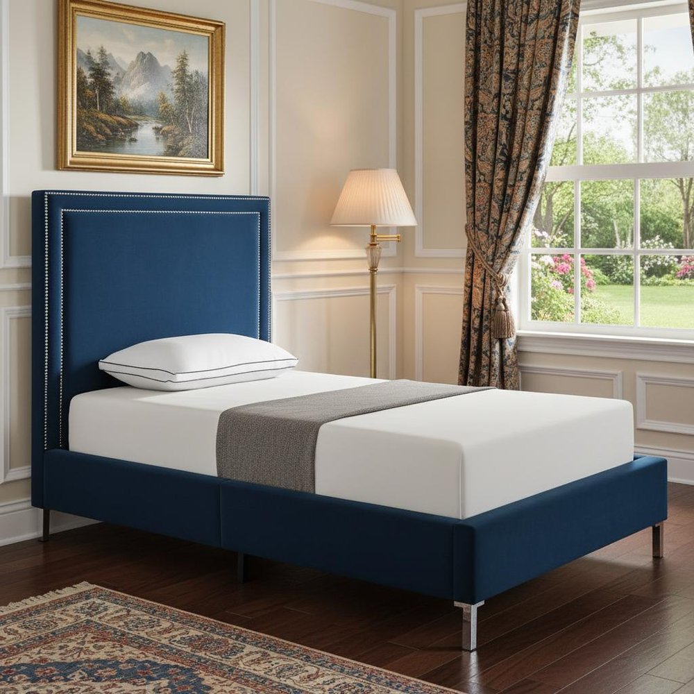 Navy Blue Solid Wood King Upholstered Velvet Bed with Nailhead Trim