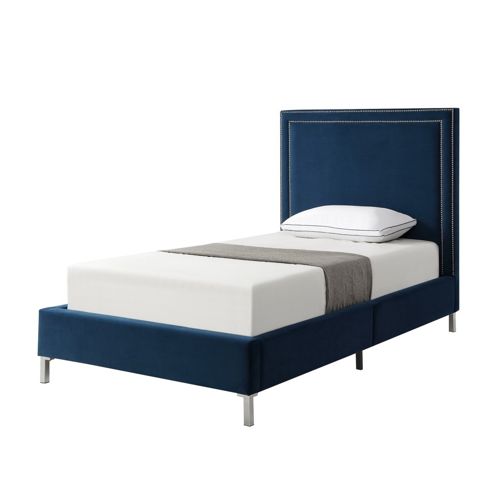 Navy Blue Solid Wood King Upholstered Velvet Bed with Nailhead Trim