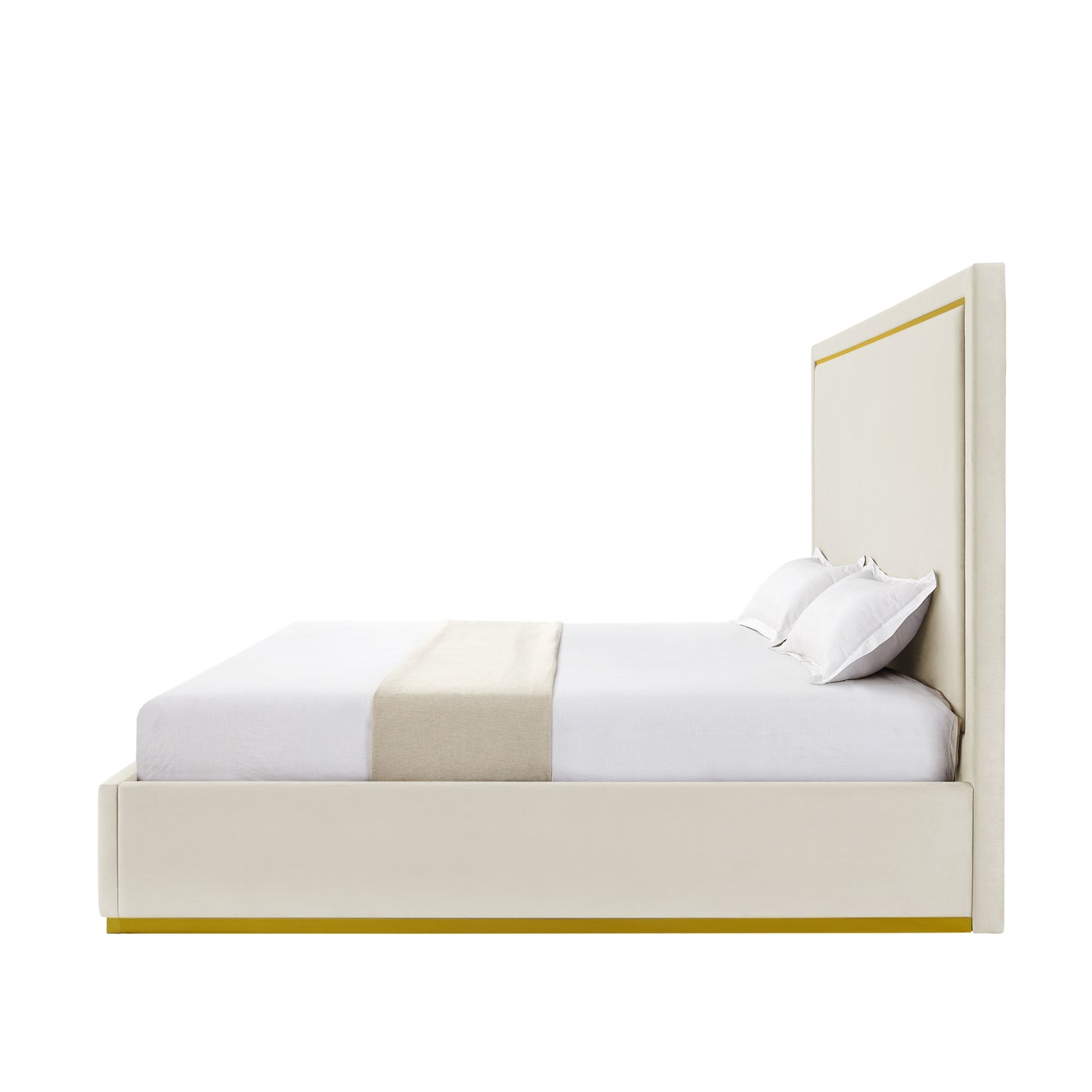 Beige Solid Wood King Upholstered Velvet Bed