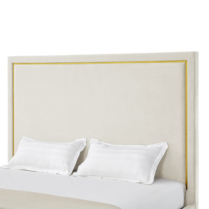 Beige Solid Wood King Upholstered Velvet Bed