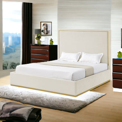 Beige Solid Wood King Upholstered Velvet Bed