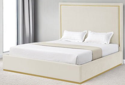 Beige Solid Wood King Upholstered Velvet Bed