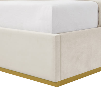 Beige Solid Wood King Upholstered Velvet Bed