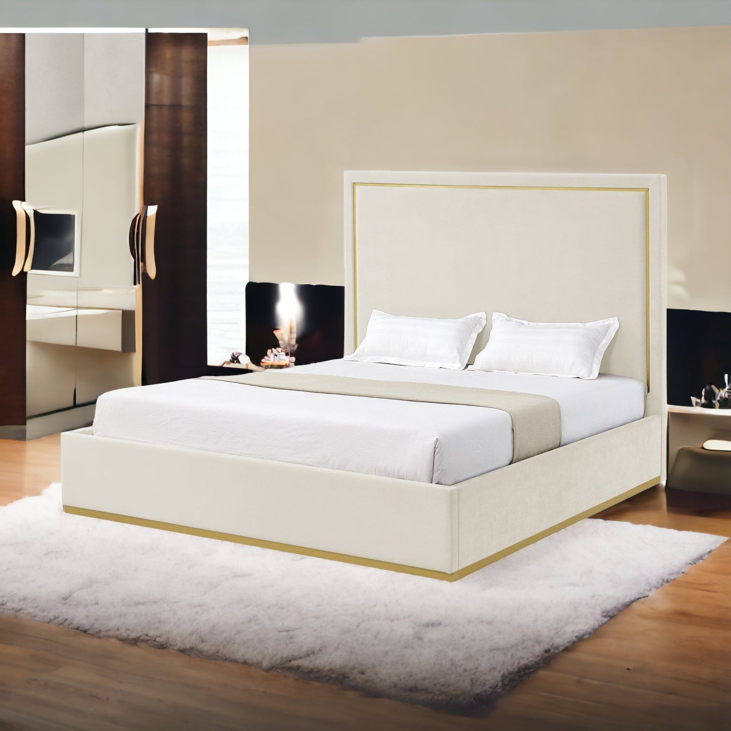 Beige Solid Wood King Upholstered Velvet Bed