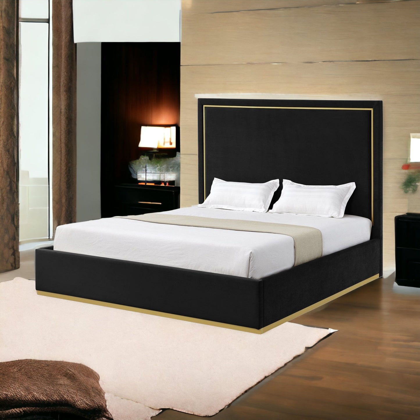 Beige Solid Wood King Upholstered Velvet Bed