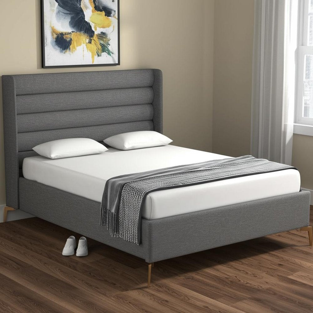 Gray Linen Upholstered King Bed Frame