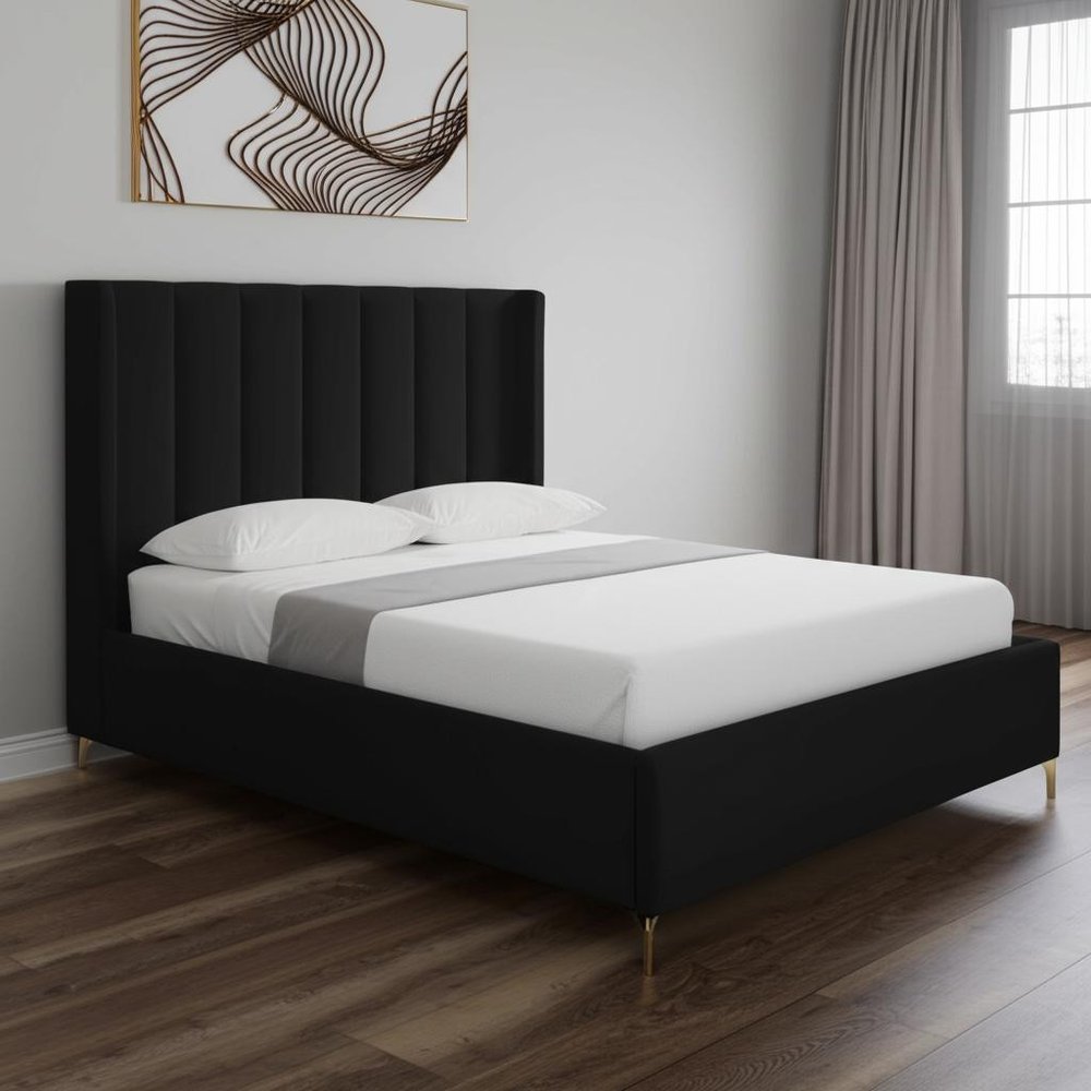Black Velvet Upholstered Queen Bed Frame