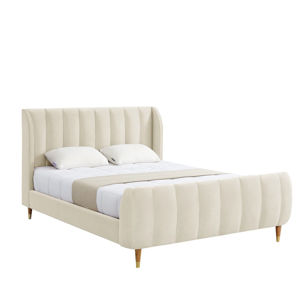Beige Solid Wood King Tufted Upholstered Velvet Bed Frame