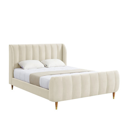Beige Solid Wood King Tufted Upholstered Velvet Bed Frame