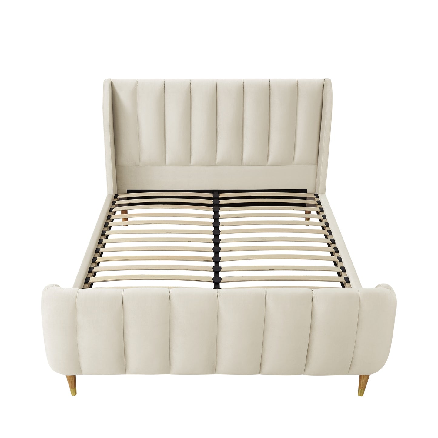 Beige Solid Wood King Tufted Upholstered Velvet Bed Frame