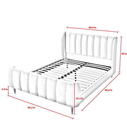 Beige Solid Wood King Tufted Upholstered Velvet Bed Frame