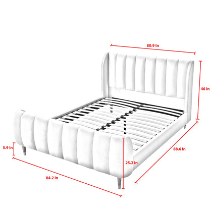 Beige Solid Wood King Tufted Upholstered Velvet Bed Frame