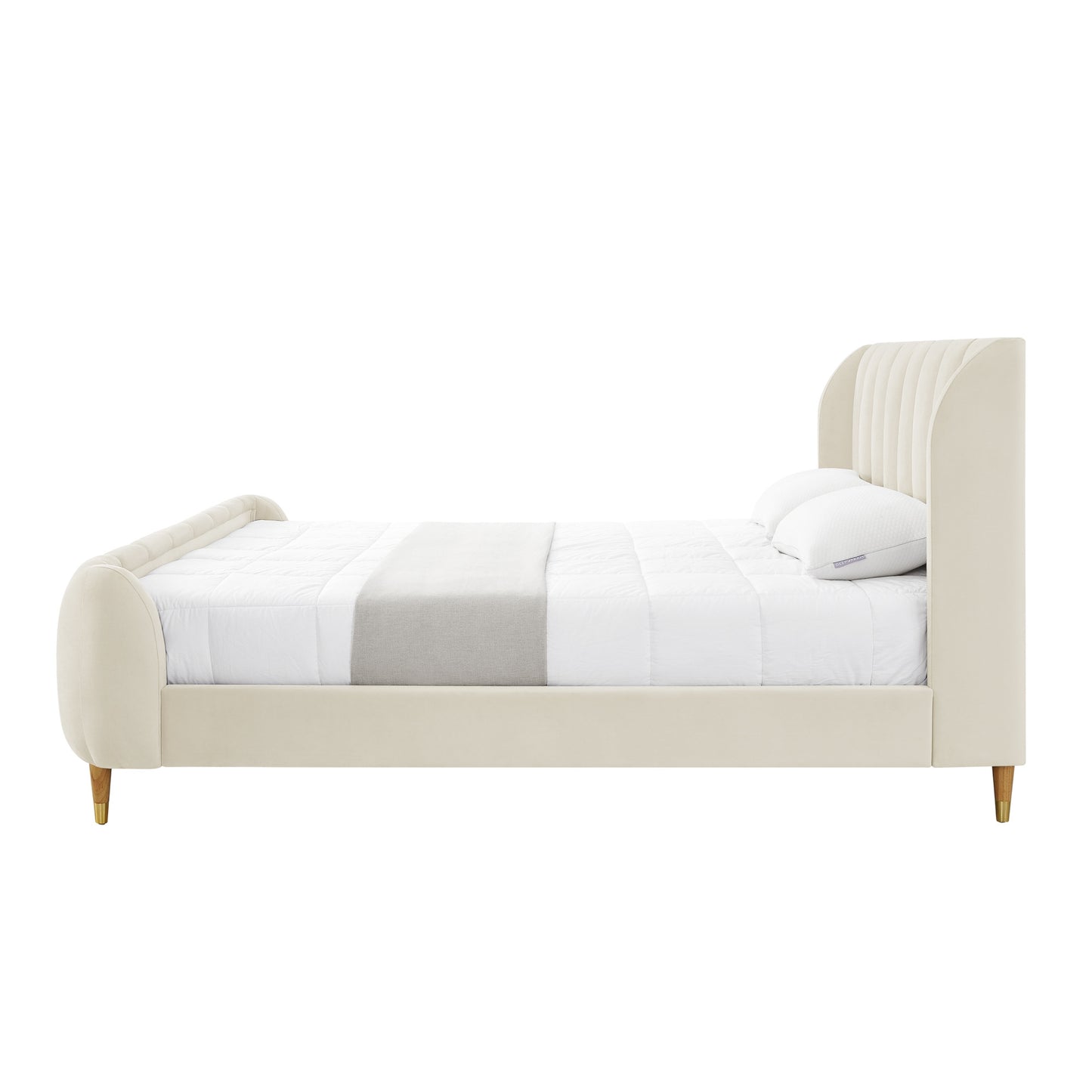 Beige Solid Wood King Tufted Upholstered Velvet Bed Frame