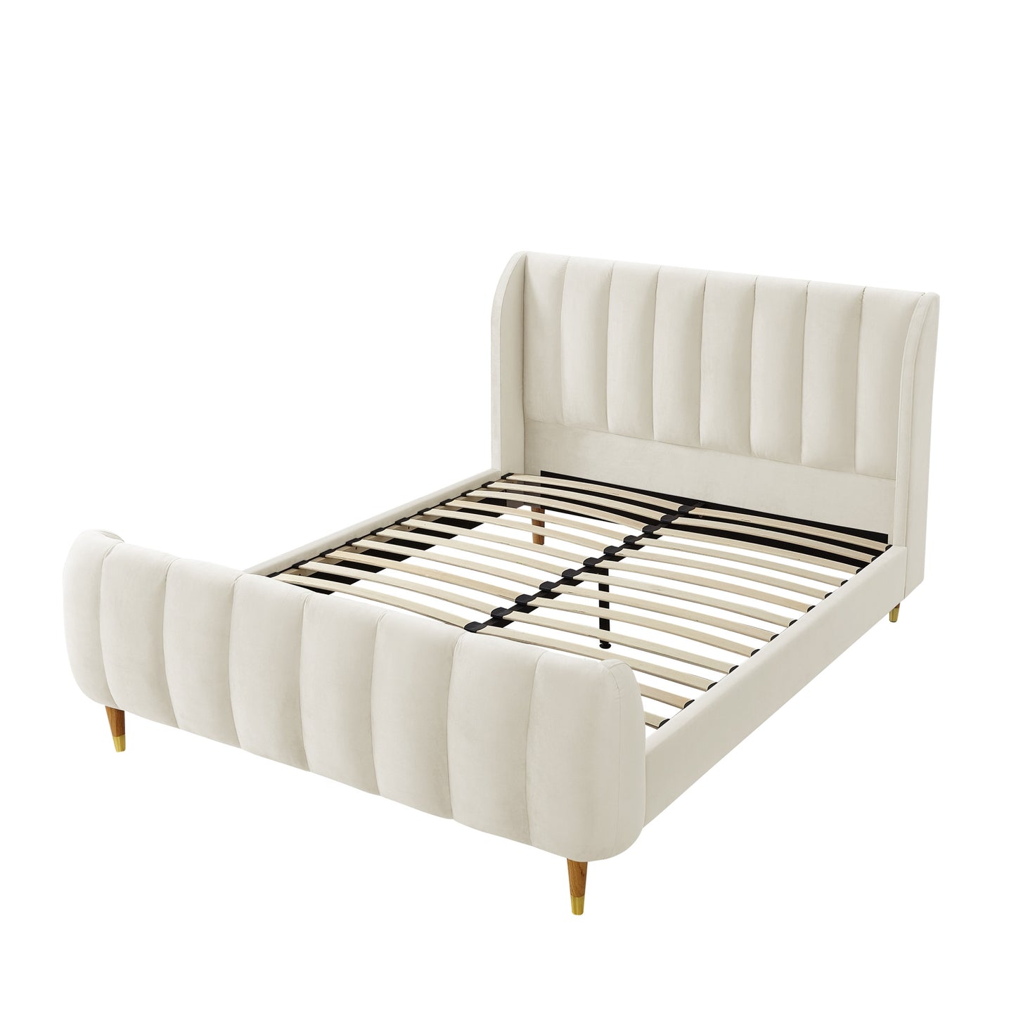 Beige Solid Wood King Tufted Upholstered Velvet Bed Frame