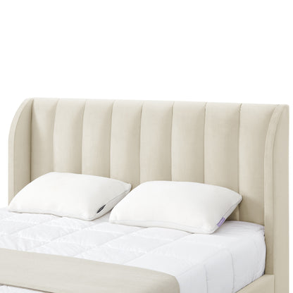 Beige Solid Wood King Tufted Upholstered Velvet Bed Frame