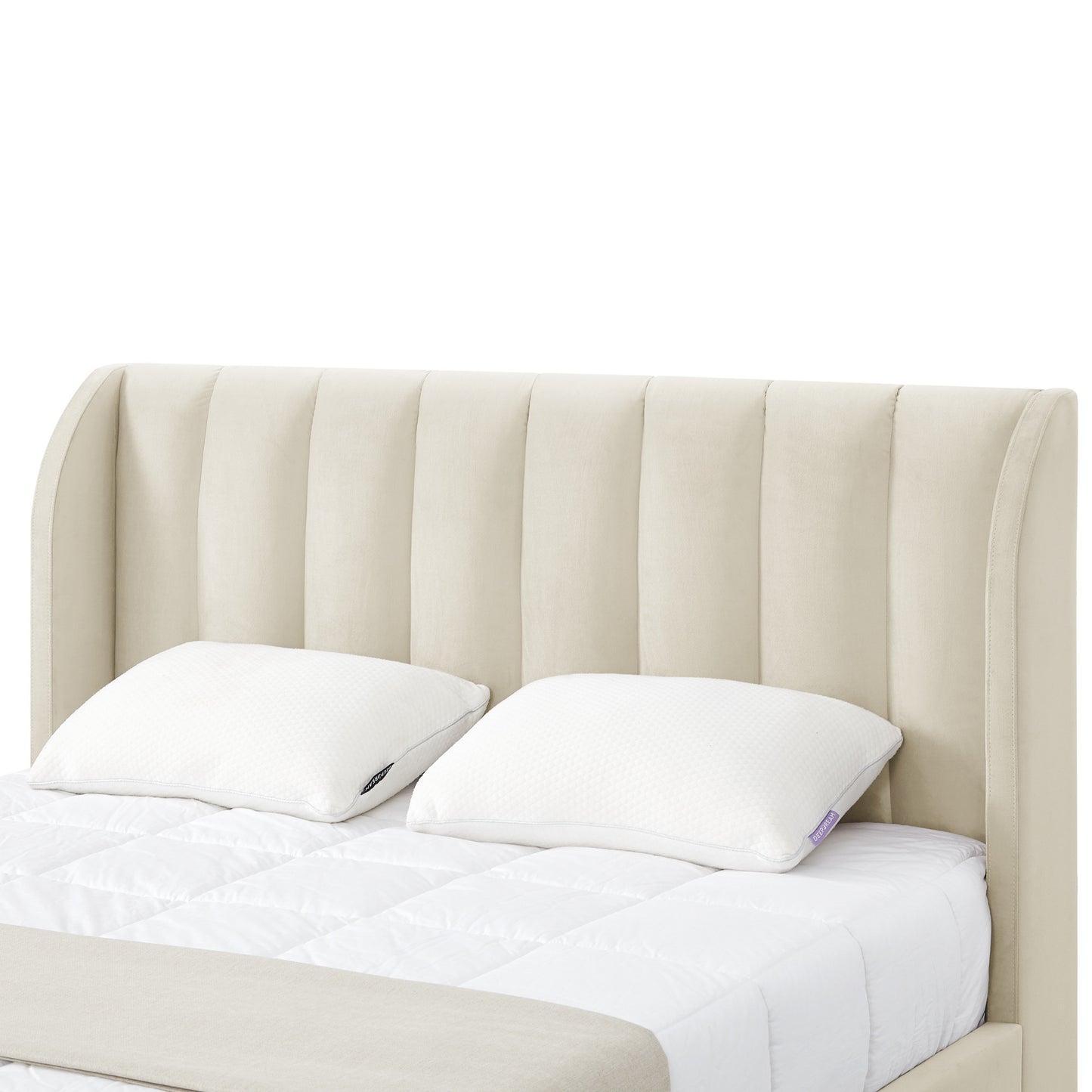 Beige Solid Wood King Tufted Upholstered Velvet Bed Frame