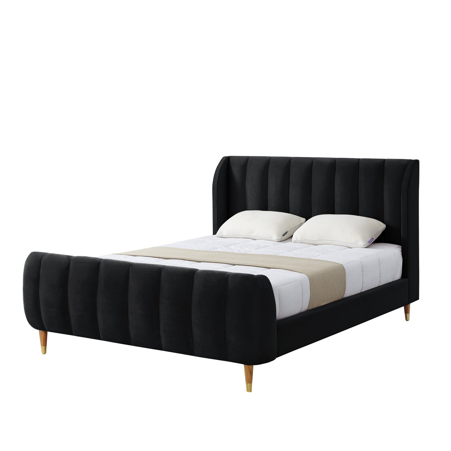 Beige Solid Wood King Tufted Upholstered Velvet Bed Frame