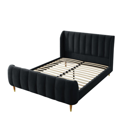 Beige Solid Wood King Tufted Upholstered Velvet Bed Frame