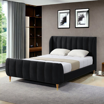 Beige Solid Wood King Tufted Upholstered Velvet Bed Frame