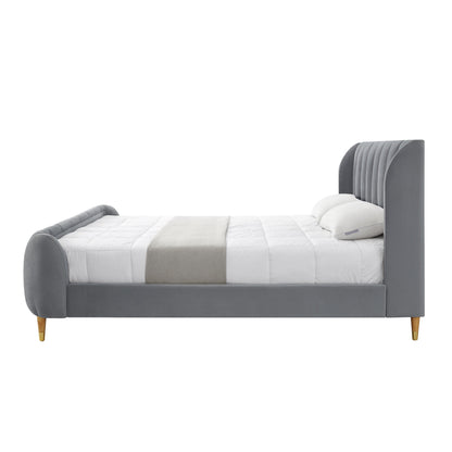 Gray Solid Wood Queen Tufted Upholstered Velvet Bed Frame