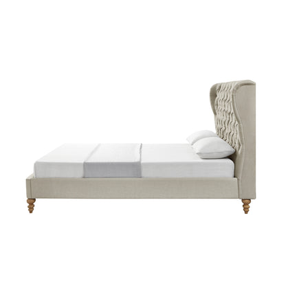 Beige Solid Wood King Tufted Upholstered Linen Bed