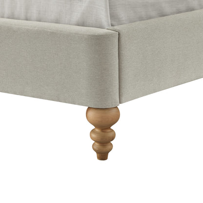 Beige Solid Wood King Tufted Upholstered Linen Bed