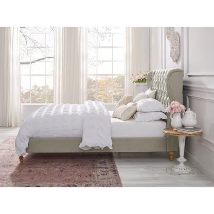 Beige Solid Wood King Tufted Upholstered Linen Bed