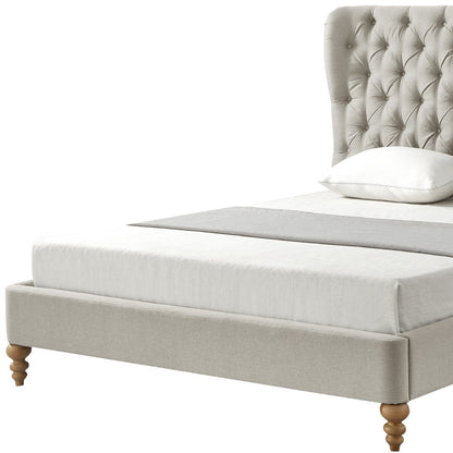 Beige Solid Wood King Tufted Upholstered Linen Bed