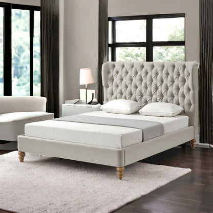 Beige Solid Wood King Tufted Upholstered Linen Bed