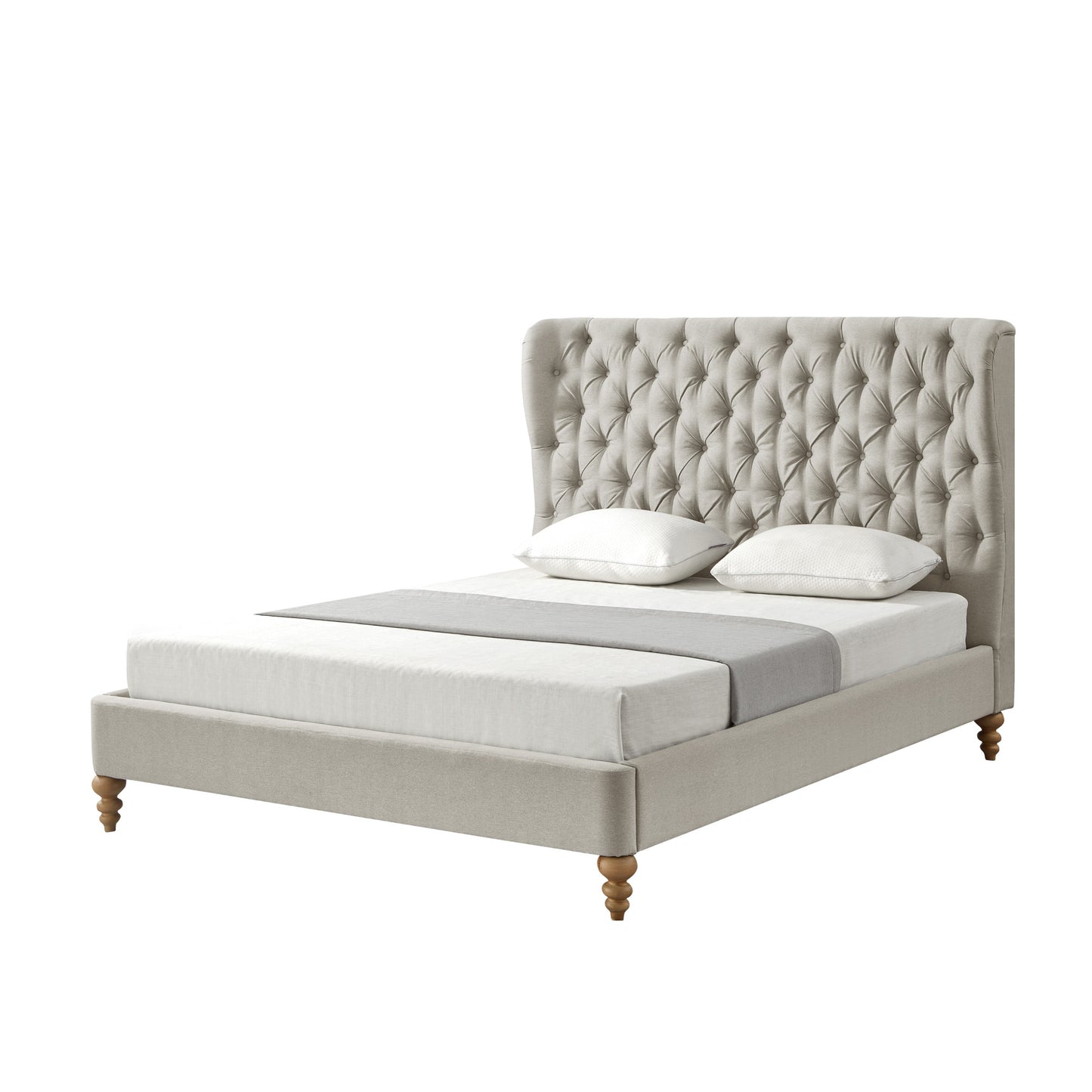 Beige Solid Wood King Tufted Upholstered Linen Bed