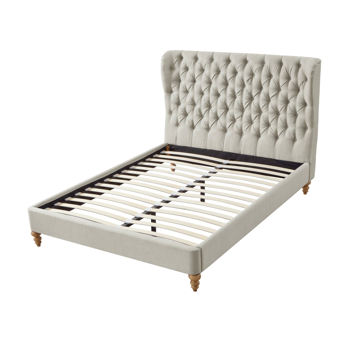 Beige Solid Wood King Tufted Upholstered Linen Bed