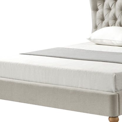 Beige Solid Wood King Tufted Upholstered Linen Bed