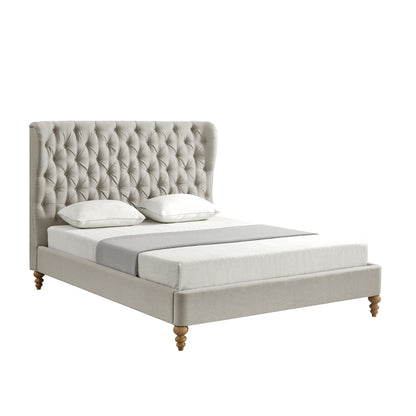 Beige Solid Wood King Tufted Upholstered Linen Bed