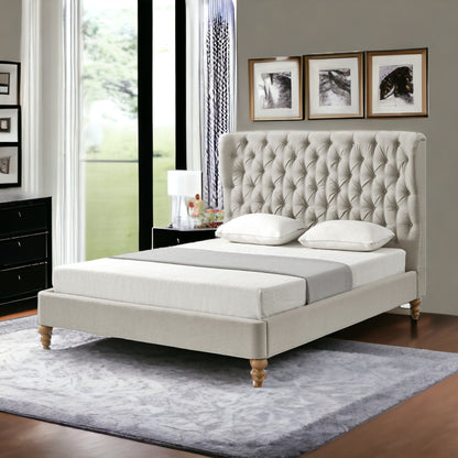 Beige Solid Wood King Tufted Upholstered Linen Bed