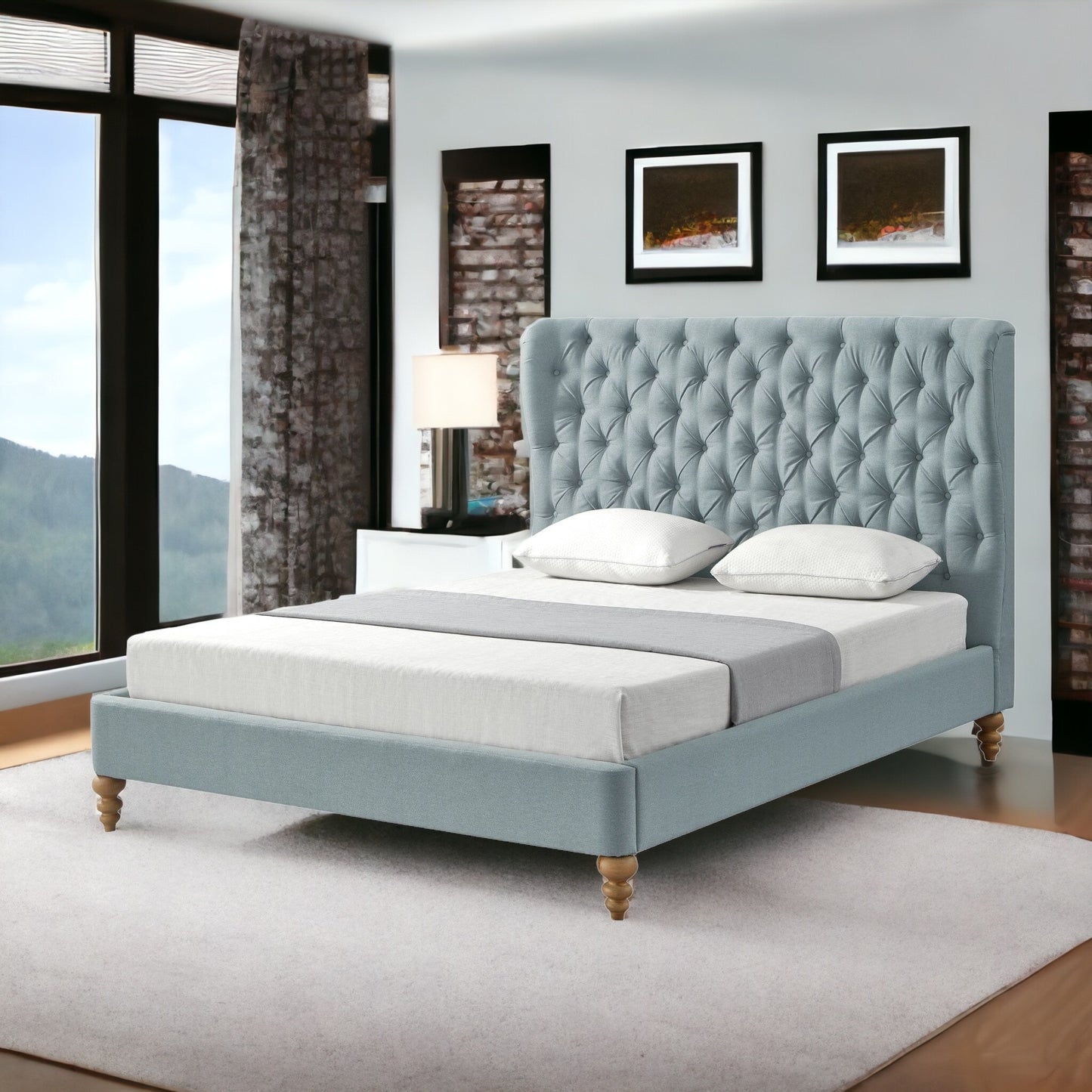 Beige Solid Wood King Tufted Upholstered Linen Bed