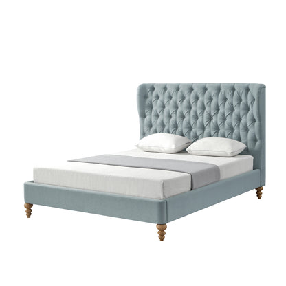 Beige Solid Wood King Tufted Upholstered Linen Bed