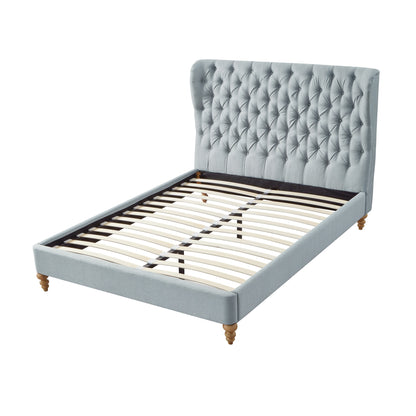 Beige Solid Wood King Tufted Upholstered Linen Bed