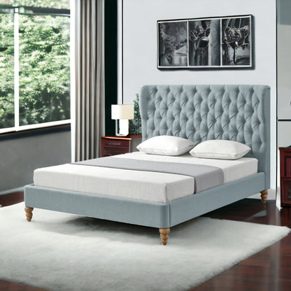 Beige Solid Wood King Tufted Upholstered Linen Bed