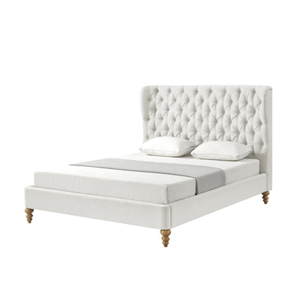 Beige Solid Wood King Tufted Upholstered Linen Bed