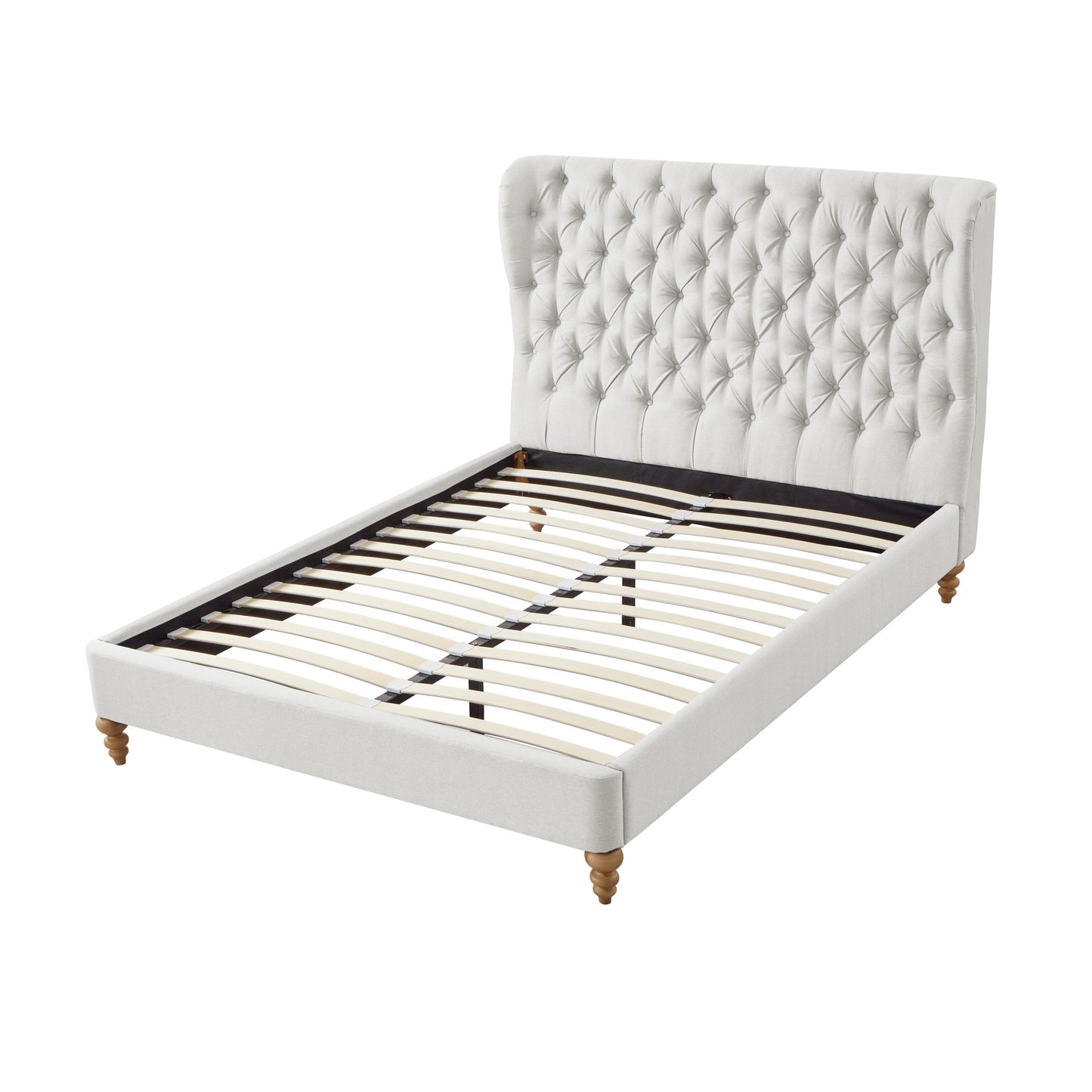 Beige Solid Wood King Tufted Upholstered Linen Bed