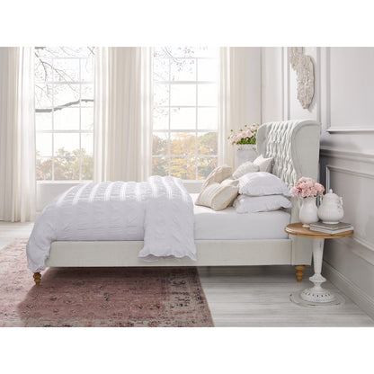 Beige Solid Wood King Tufted Upholstered Linen Bed