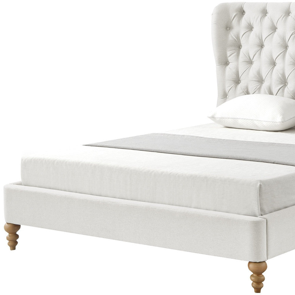 Beige Solid Wood King Tufted Upholstered Linen Bed