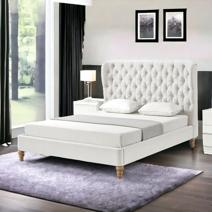 Beige Solid Wood King Tufted Upholstered Linen Bed