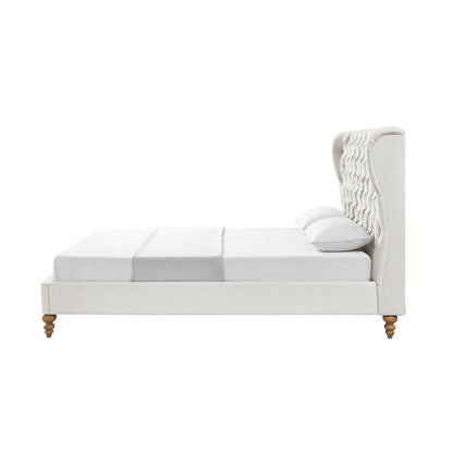 Beige Solid Wood King Tufted Upholstered Linen Bed