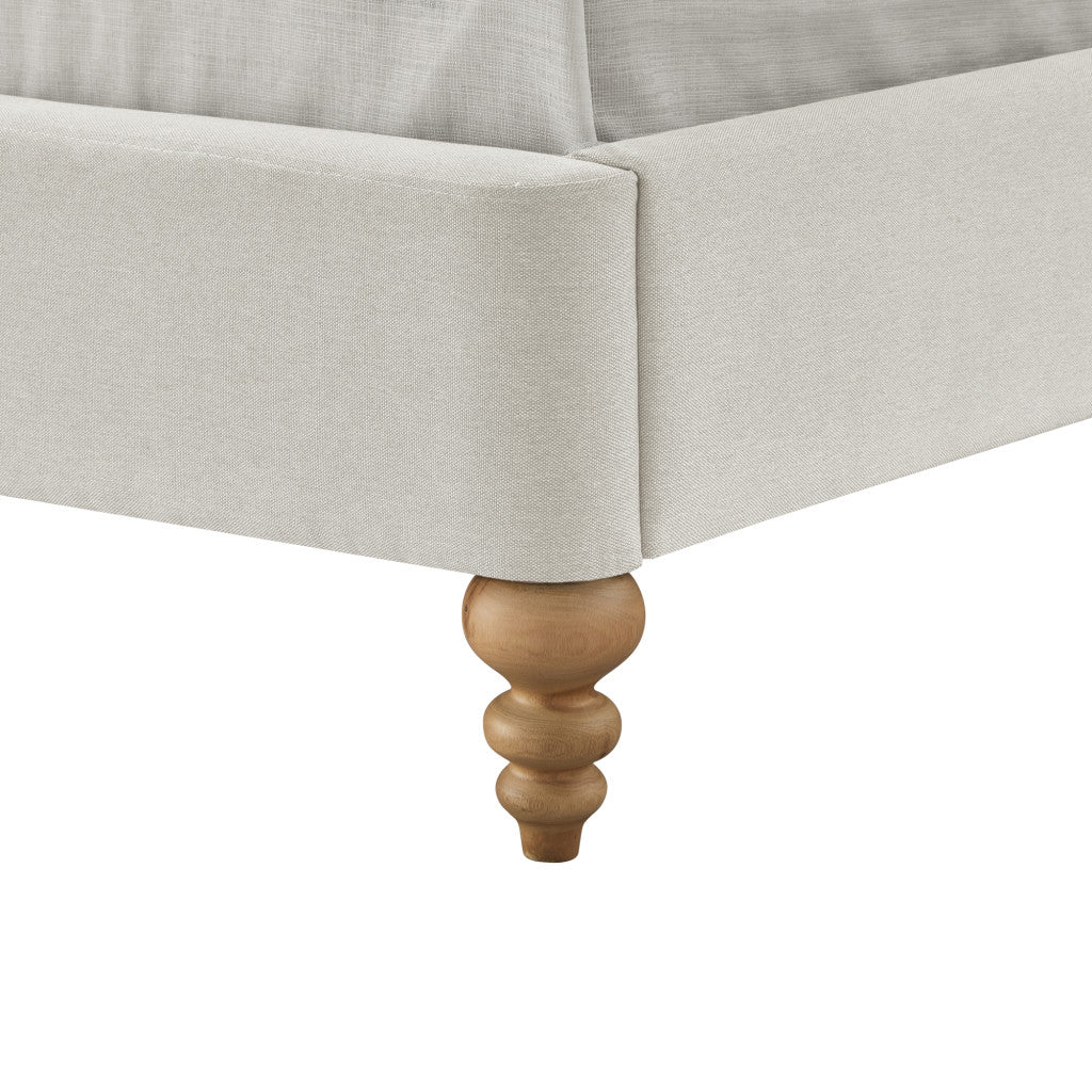 Beige Solid Wood King Tufted Upholstered Linen Bed