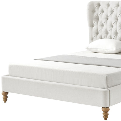 Beige Solid Wood King Tufted Upholstered Linen Bed